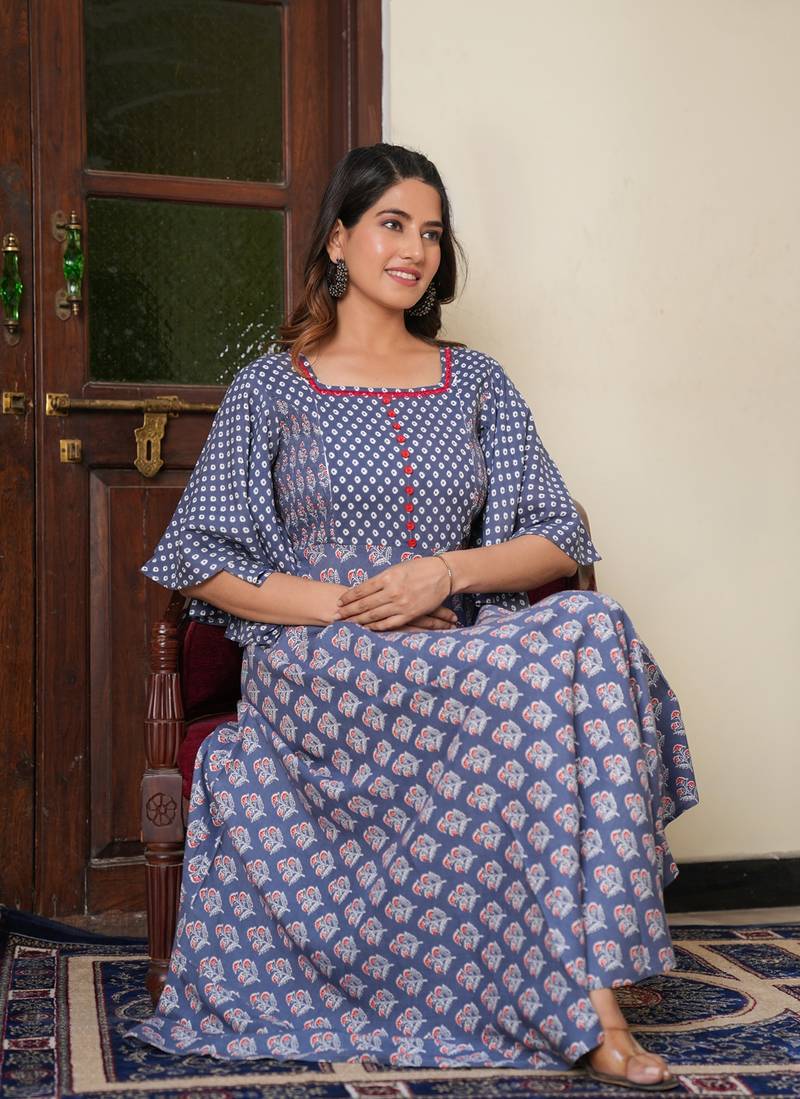 Women'S Floral Printed Smoking Embroidered Maternity Wear Anarkali Dress (Grey)