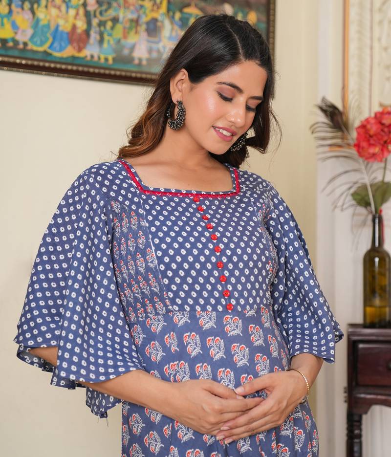 Women'S Floral Printed Smoking Embroidered Maternity Wear Anarkali Dress (Grey)