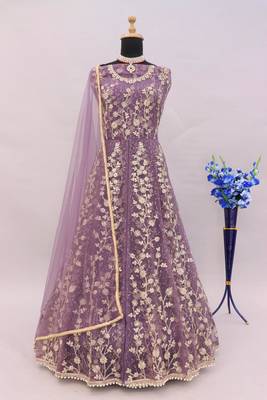 Purple embroidered butterfly net semi stitched anarkali suit 3