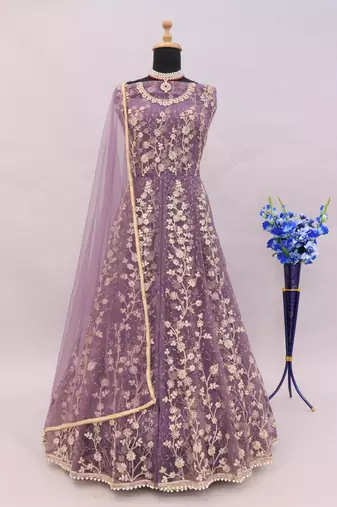 Purple embroidered butterfly net anarkali suit