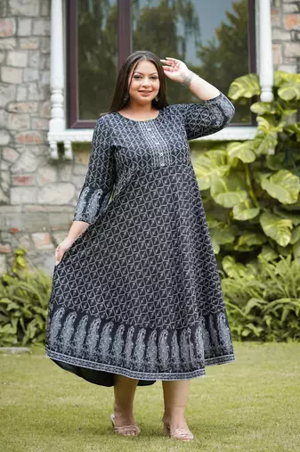 Women'S Plus Size Geomatrical Jamdani Printed Kurta (Black)