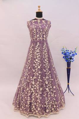 Purple embroidered butterfly net semi stitched anarkali suit 4