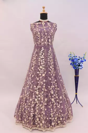 Purple embroidered butterfly net anarkali suit