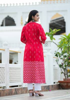 Women'S Cotton Ikat Printed A-Line Kurta (Red) 2