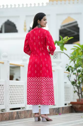 Women'S Cotton Ikat Printed A-Line Kurta (Red)