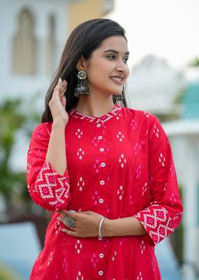 Women'S Cotton Ikat Printed A-Line Kurta (Red) 4