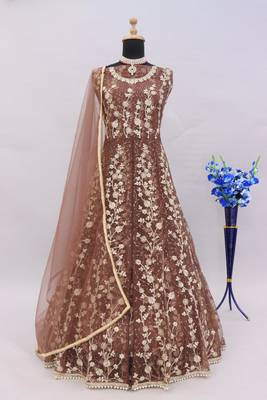 Brown embroidered butterfly net semi stitched anarkali suit 4