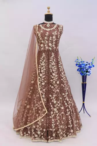 Brown embroidered butterfly net anarkali suit