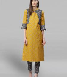 Women'S Cotton Geomatrical Printed Straight Kurta With Pant (Yellow & Grey)
