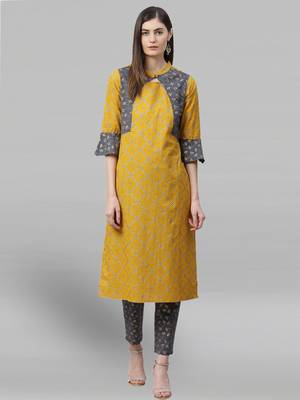 Women'S Cotton Geomatrical Printed Straight Kurta With Pant (Yellow & Grey) 2