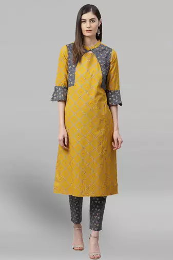 Women'S Cotton Geomatrical Printed Straight Kurta With Pant (Yellow & Grey)