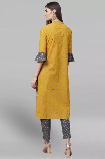 Women'S Cotton Geomatrical Printed Straight Kurta With Pant (Yellow & Grey)