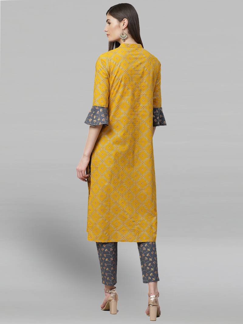 Women'S Cotton Geomatrical Printed Straight Kurta With Pant (Yellow & Grey)
