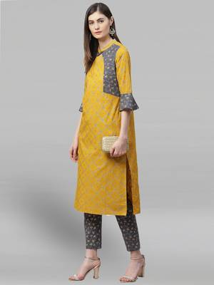 Women'S Cotton Geomatrical Printed Straight Kurta With Pant (Yellow & Grey) 4