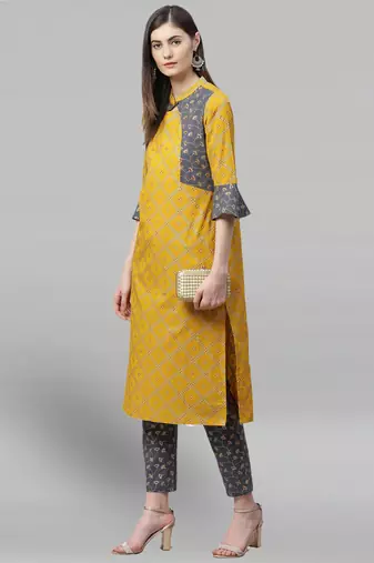 Women'S Cotton Geomatrical Printed Straight Kurta With Pant (Yellow & Grey)