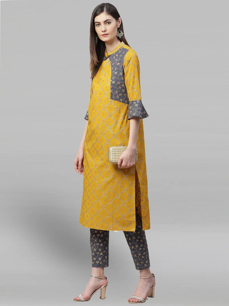 Women'S Cotton Geomatrical Printed Straight Kurta With Pant (Yellow & Grey)