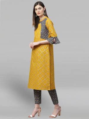 Women'S Cotton Geomatrical Printed Straight Kurta With Pant (Yellow & Grey) 1