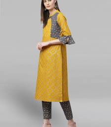 Women'S Cotton Geomatrical Printed Straight Kurta With Pant (Yellow & Grey)