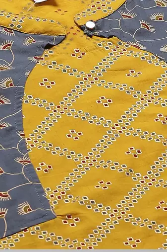 Women'S Cotton Geomatrical Printed Straight Kurta With Pant (Yellow & Grey)