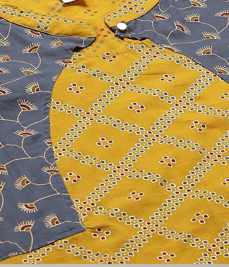 Women'S Cotton Geomatrical Printed Straight Kurta With Pant (Yellow & Grey)