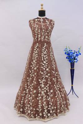 Brown embroidered butterfly net semi stitched anarkali suit 5
