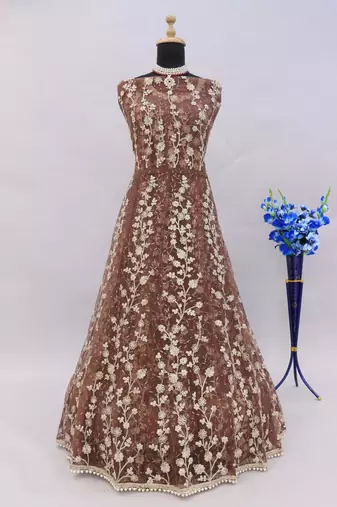 Brown embroidered butterfly net anarkali suit