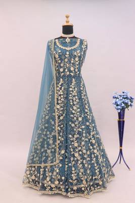 Dark grey embroidered butterfly net semi stitched anarkali suit 4