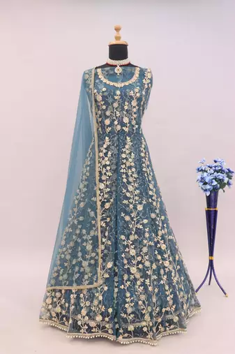 Dark grey embroidered butterfly net anarkali suit