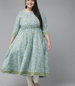 Women'S Plus Size Cotton Floral Printed Anarkali Kurti (Blue)