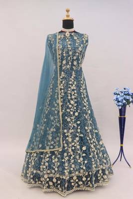Dark grey embroidered butterfly net semi stitched anarkali suit 5