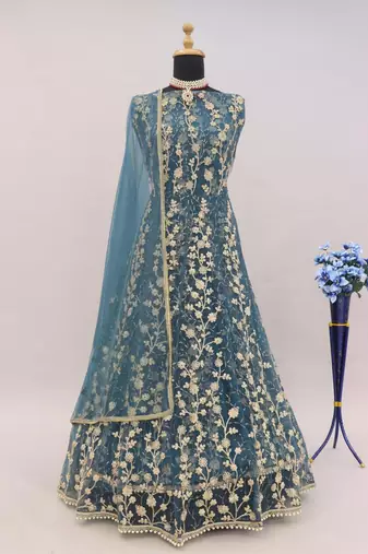 Dark grey embroidered butterfly net anarkali suit