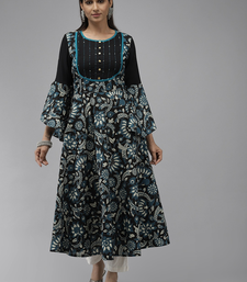 Women'S Cotton Floral Printed  Anarkali Kurti (Black)