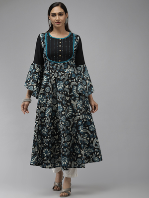 Women'S Cotton Floral Printed Anarkali Kurti (Black) 2