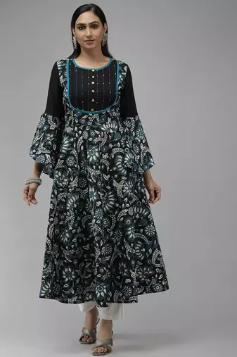 Women'S Cotton Floral Printed Anarkali Kurti (Black)
