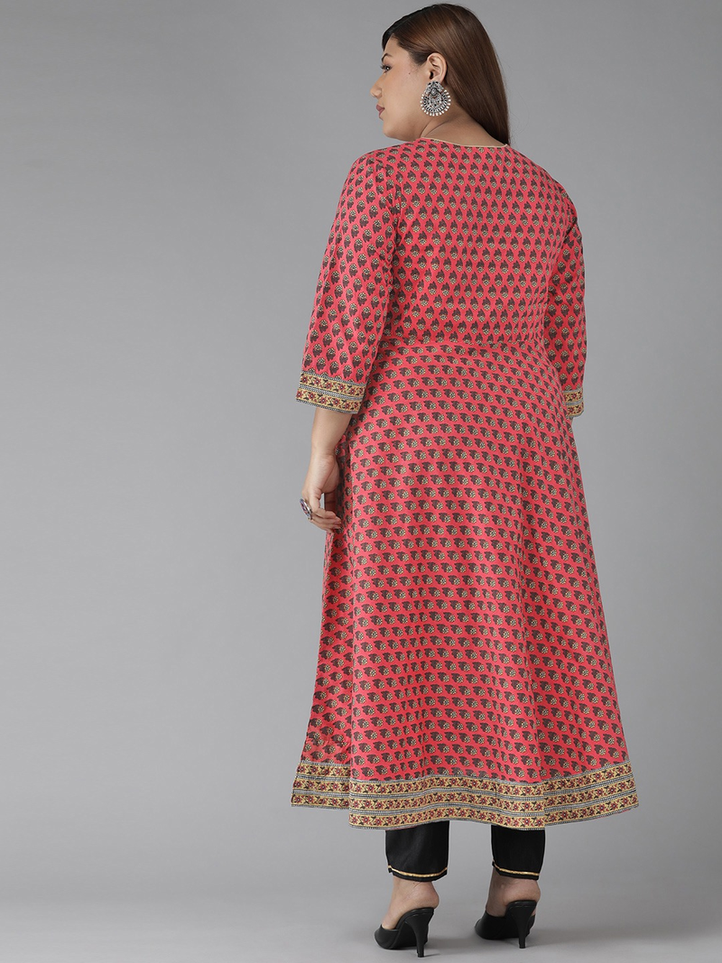 Women'S Plus Size Cotton Floral Printed Anarkali Kurti (Peach)