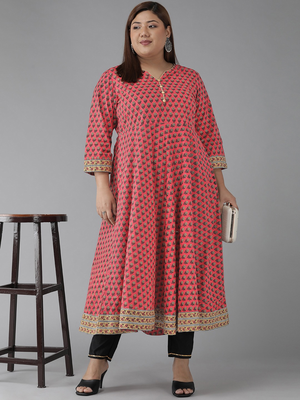 Women'S Plus Size Cotton Floral Printed Anarkali Kurti (Peach) 4