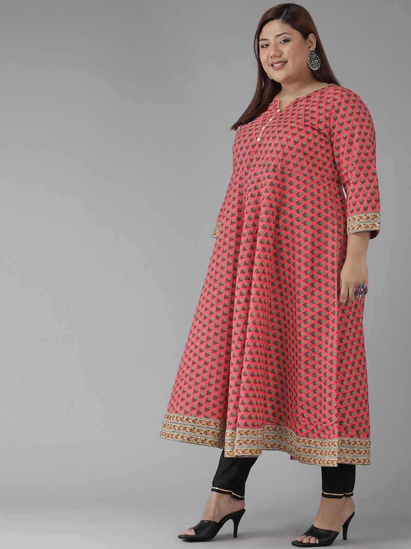 Women'S Plus Size Cotton Floral Printed Anarkali Kurti (Peach)