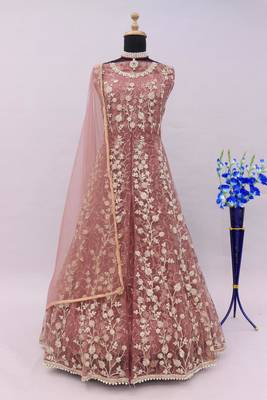 Peach embroidered butterfly net semi stitched anarkali suit 3