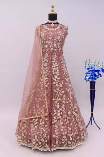Peach embroidered butterfly net anarkali suit