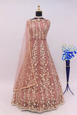 Peach embroidered butterfly net semi stitched anarkali suit 4
