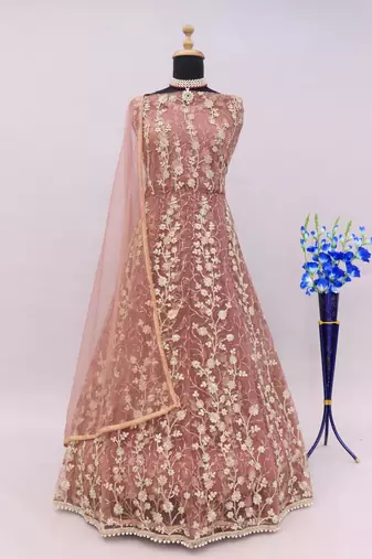 Peach embroidered butterfly net anarkali suit