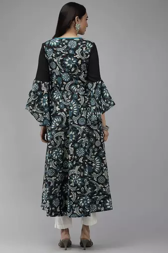 Women'S Cotton Floral Printed Anarkali Kurti (Black)