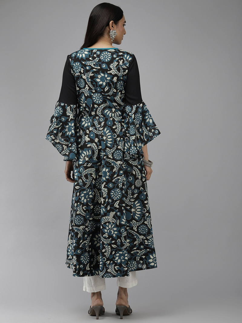 Women'S Cotton Floral Printed  Anarkali Kurti (Black)