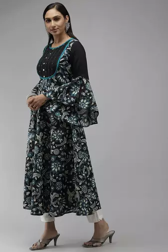 Women'S Cotton Floral Printed Anarkali Kurti (Black)