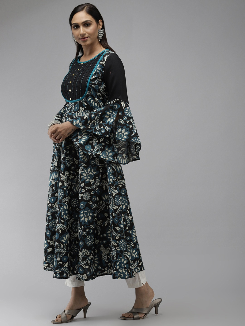 Women'S Cotton Floral Printed  Anarkali Kurti (Black)