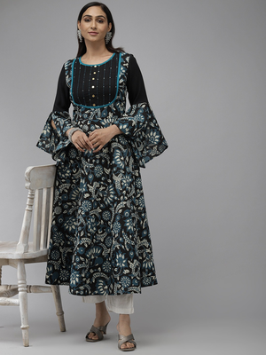 Women'S Cotton Floral Printed Anarkali Kurti (Black) 1