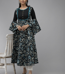 Women'S Cotton Floral Printed Anarkali Kurti (Black)