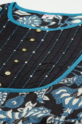 Women'S Cotton Floral Printed Anarkali Kurti (Black)