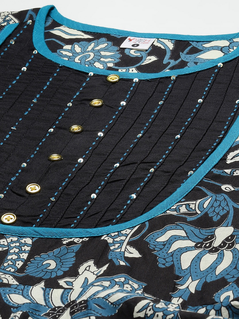 Women'S Cotton Floral Printed  Anarkali Kurti (Black)