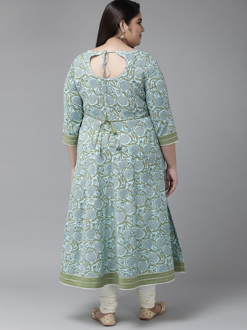 Women'S Plus Size Cotton Floral Printed Anarkali Kurti (Blue)